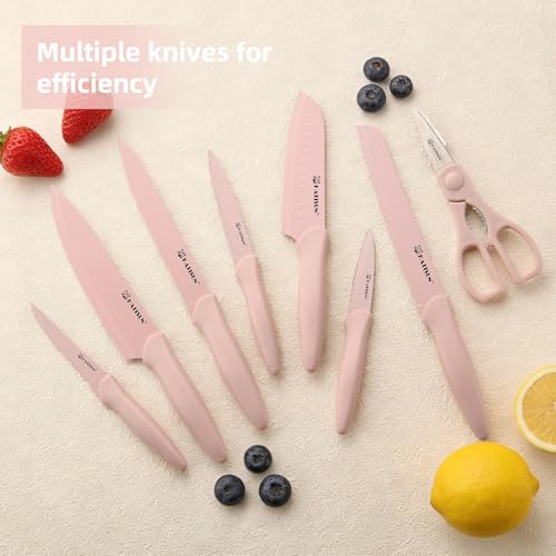 15 Piece Pink Nonstick German Steel Knife Set with Block (Pink / 15 Pieces)