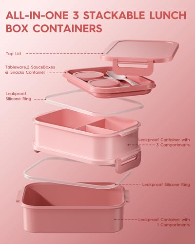 Adults Bento Lunch Box Set with Thermo Bag (Coral Pink)