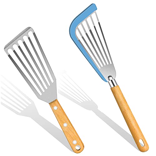 Fish Spatula Set for Nonstick Cookware Flexible Metal Fish Spatula Stainless Steel Small Fish Slotted Spatula Turner with Wood Handle (White, Wood)