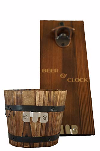 Beer O’ Clock” Rustic Wall Mounted Bottle Opener and Catcher