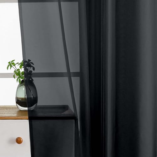 Black Small Sheer Curtains 2 Panels Set (42"W x 36"L (Pack of 2) / Black)