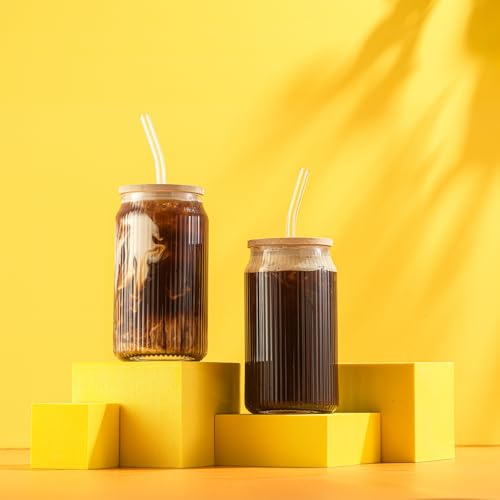 Fluted Glass Tumblers with Bamboo Lids and Glass Straws (Clear Glasses)