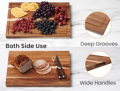 Set of 3 Large Acacia Wood Kitchen Cutting Boards with Holder (Wood-3pc-L / Brown)