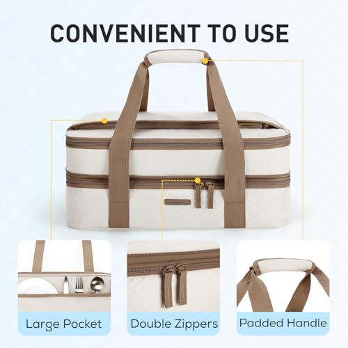 Double Decker Insulated Casserole Carrier for Hot or Cold Food Expandable Thermal Food Carrier for Picnic Cookouts Potluck Parties Fits 9" x 13" Baking Dish (Beige / Double Decker 16.93 x 11.02 x 7.87inch)