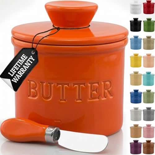 Butter Crock with Lid for Countertop with Spreader Knife and Water Line (Orange Clown Fish / Regular)