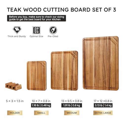 3 Pack Teak Wood Cutting Boards for Kitchen Wood Charcuterie Board Non Slip (Set of 3 with Holder)