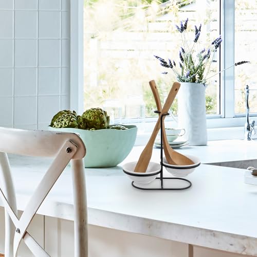 Countertop Ceramic Spoon Rest with Matte Black Metal Stand (White / Black / Double)