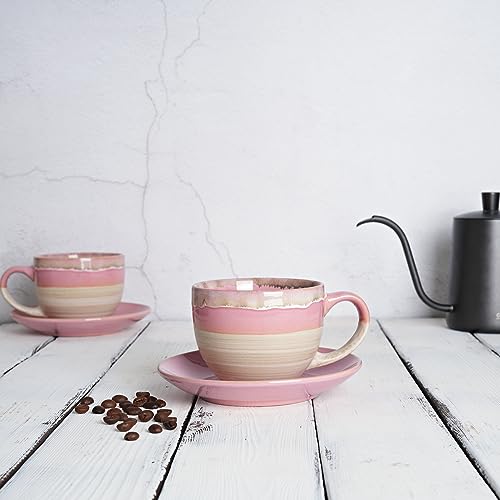 Ceramic Cappuccino Cup and Saucer Set of 2 (Pink)