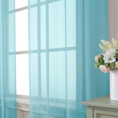 Aqua Sheer Curtains 63 Inch Length 2 Panels Set for Living Room (42"W x 63"L (Pack of 2) / Aqua)