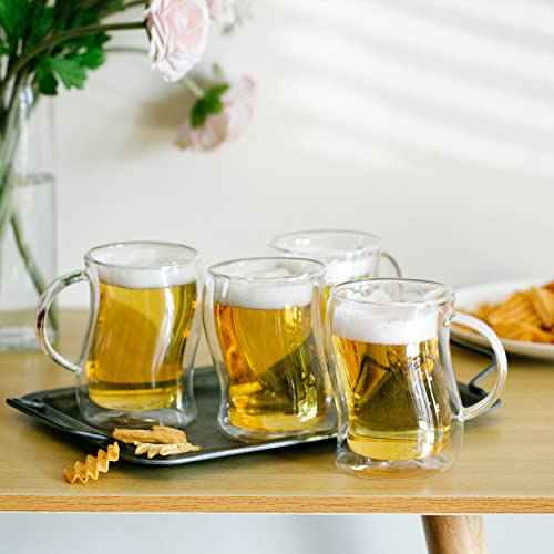 BTaT- Double-Walled Beer Mugs, 16 oz, 4 Pack, Double-Walled Glass with Handle, Insulated Beer Glasses, Drinking Glasses for Bar, Beverages, Alcohol, Water (Clear / 16 oz Beer, Set of 4)