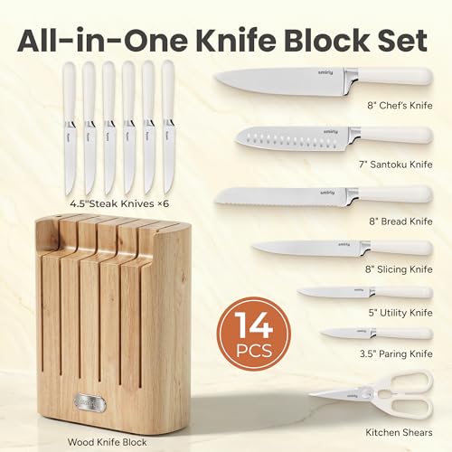 14 Piece Kitchen Knife Set with Block (Cream White)