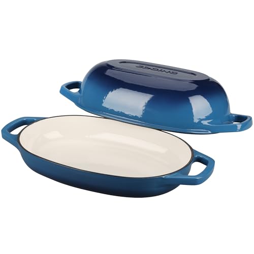 Enameled Cast Iron Oval Dutch Oven Pot with Lid (Lake Blue / 5 Quart)