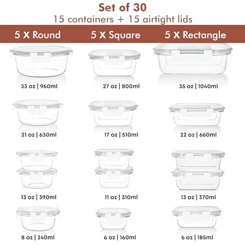 30 PC Glass Food Storage Containers with Lids (White)