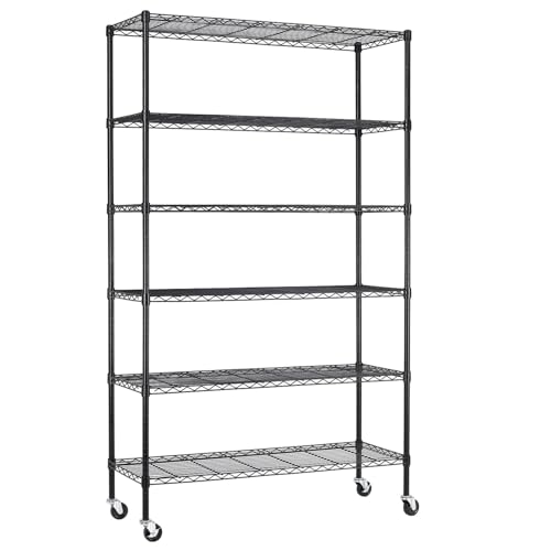 6 Tier Wire Shelf with Wheels (Black / 45"W x 18"D x 82"H)