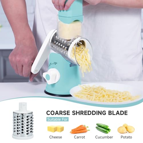 Rotary Cheese Grater Hand Crank with 3 Interchangeable Blades (Blue)