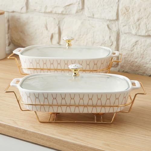 11" x 8" Ceramic Casserole Dish with Glass Lid and Rack (White with rack / 14.4 Inch (1.6 qt))