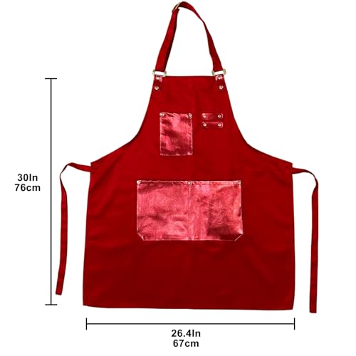 Barista Tools Apron for Women Hairstylists Servers Waterproof Canvas Kitchen Apron with 3 Pockets for Cooking Gardening (Red)