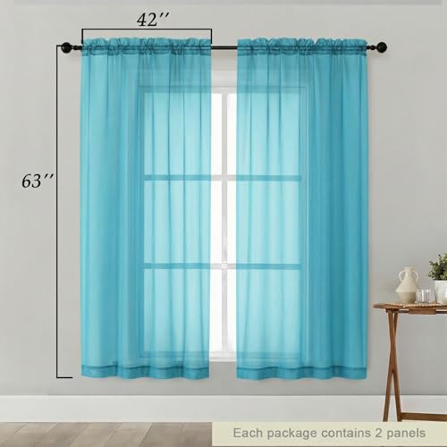 Sheer Curtains 63 Inch Length 2 Panels Set for Living Room Bedroom (Aqua / 42"W x 63"L (Pack of 2))