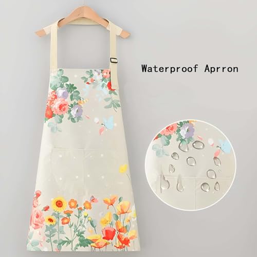 Floral Aprons with Pocket Blooming Floral Womens Waterproof Apron (Butterfly Beige)