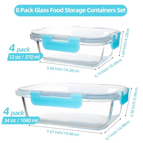 16Pack Glass Meal Prep Containers 8 Bowls with 8 Airtight Blue Lids 2 Sizes (blue)