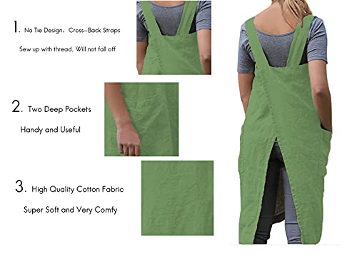 Cotton Linen Apron Cross Back Apron for Women with Big Pockets Square Pinafore Dress for Baking Cooking BBQ & Grill (Green / Medium)