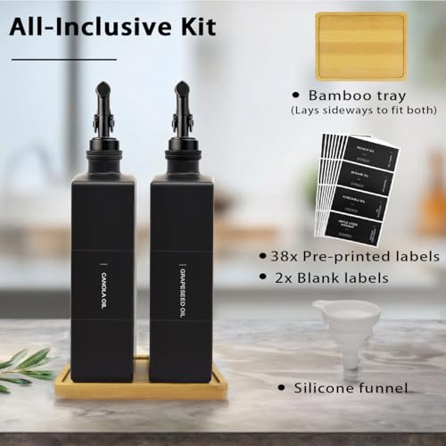Olive Oil Dispenser Bottle for Kitchen with Bamboo Tray (Black / 16.9oz, Set of 2)