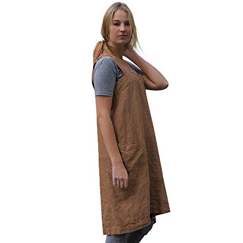 Women's Cross Back Pinafore Apron with Large Pockets Home Kitchen (Large / Brown)