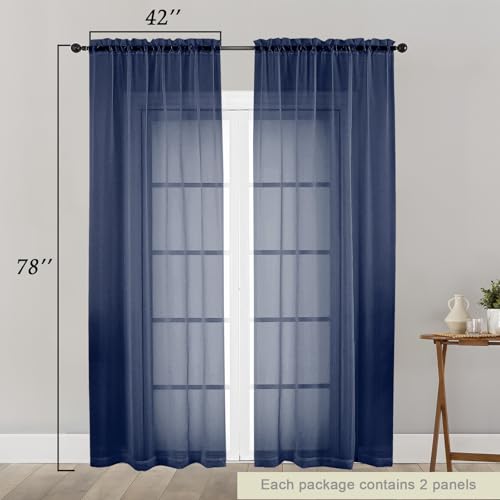 Navy Blue Sheer Curtain for Bedroom Living Room 78 Inches Long 2 Panels Set (Navy Blue / 42"W x 78"L (Pack of 2))