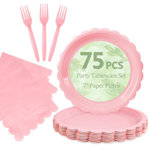 75 Pink Paper Plates and Napkins Disposable Set for Party (Pink 75 Plates Set / 7-inch Set)