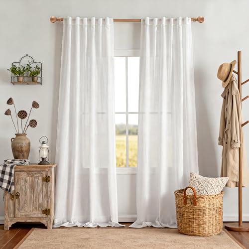 White Linen Curtains 96 Inches Long for Sliding Glass Door Semi Sheer Curtains Light Filtering Drapes Living Room Window Treatment Soft Boho Farmhouse Style (50"W x 96"L (Pack of 2) / Pure White)