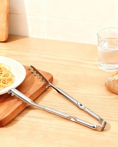 Spaghetti Spoon and Pasta Tong with Grip Teeth and Drain Holes (Silvery(stainless steel）)