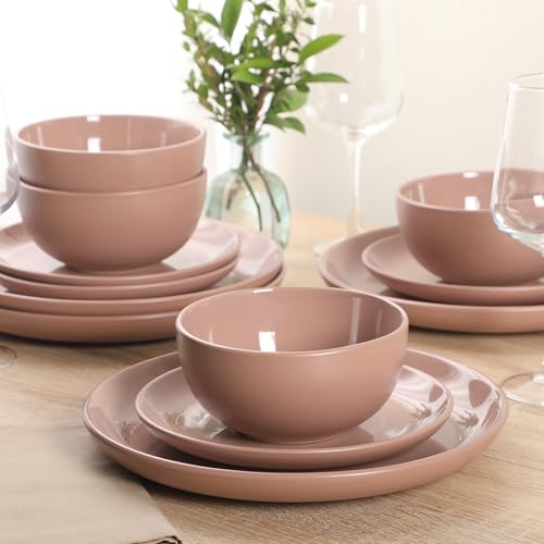 Rockaway 12 Piece Plates and Bowls Matte Outside (Service for 4 (12pcs) / Pink (Rockaway - Matte/Shiny))