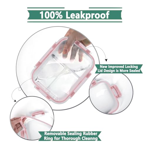 8 Pack 3 Compartment 36oz Large Glass Meal Prep Containers with Lids (Light Pink)