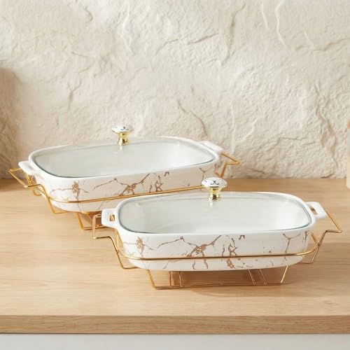12" x 8" Ceramic Casserole Dish with Glass Lid and rack (White / 14.4 Inch(1.6 qt))