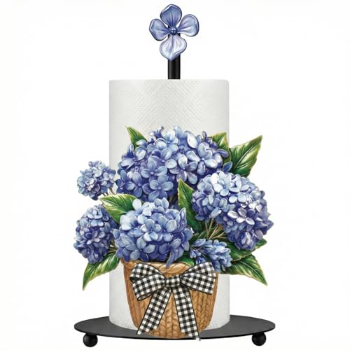 Blue Hydrangea Paper Towel Holder Summer Hydrangea Kitchen Decor Metal Flowers Paper Towel Holder Stand with Round Base for Summer Kitchen Bathroom Countertop Toilet Accessories (Hydrangea)