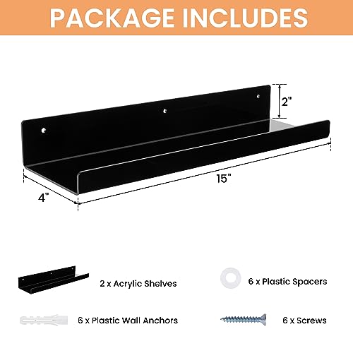 2 Pcs 15" Acrylic Shelves for Wall Organize and Display (Black)