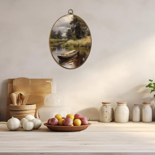 Vintage Rustic Lakeside Boat Oval Wall Art Decor (Colour 27)