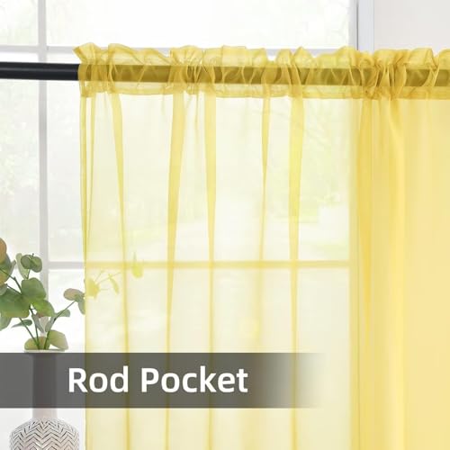 Solid Sheer Rod Pocket Curtain Voile Draperies 4 Panels White Beige Black Grey Ivory 52 Inch Width 63 Inch Long 1 Pair for Kitchen Bedroom Children Living Room Yard (Yellow / 52"W x 63"L (Pack of 4))