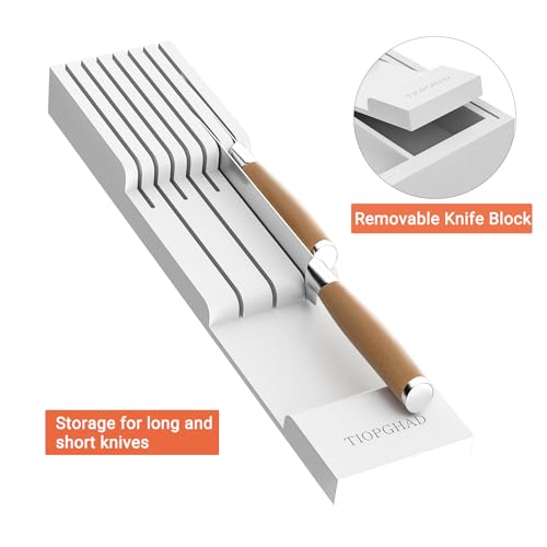 Expandable Bamboo Silverware Drawer Organizer Kitchen Tray (White / Large)