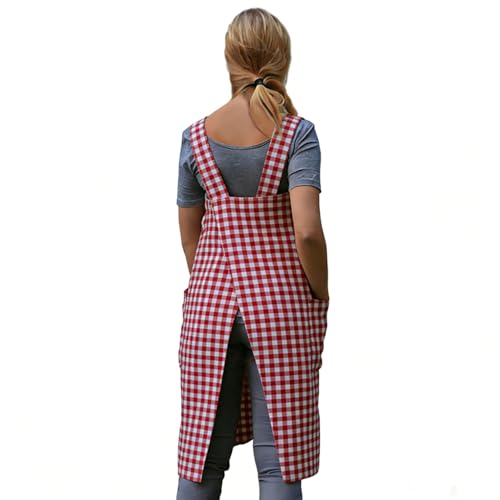Women's Pinafore Square Apron Baking Cooking Gardening Works Cross Back Cotton (3X-Large / Plaid-red)