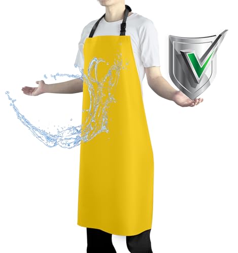 Waterproof Rubber Vinyl Apron Heavy Duty Chemical Resistant Work Apron Extra Long Grilling Aprons with Adjustable Bib Apron for Dishwashing Lab Butcher Cooking Kitchen Yellow (Yellow)