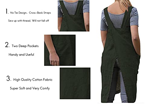 Cotton Linen Apron Cross Back Apron for Women with Big Pockets Square Pinafore Dress for Baking Cooking BBQ & Grill AmyGreen XL (Amy Green / X-Large)