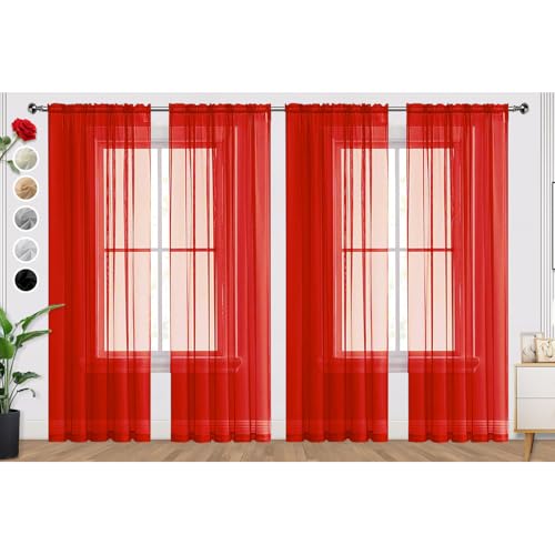 Sheer Red Curtains 4 Panels Rod Pocket Semi (Red / 52"W x 63"L (Pack of 4))