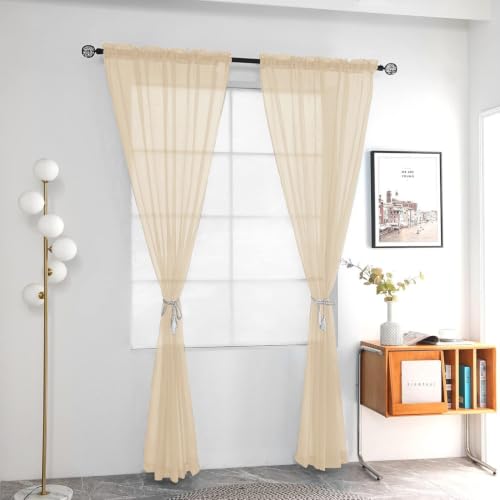 Solid Sheer Rod Pocket Curtain Voile Draperies 2 Panels White Beige Black Grey Coffee 52 Inch Width 84 Inch Long 1 Pair for Kitchen Bedroom Children Living Room Yard (Apricot / 52"W x 84"L (Pack of 2))