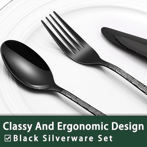24 Piece Black Silverware Set with Steak Knives (Tree Pattern)