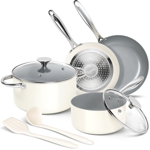 Pots and Pans Set Non Stick 8 Piece Ceramic Cookware Set Cream (Cream)