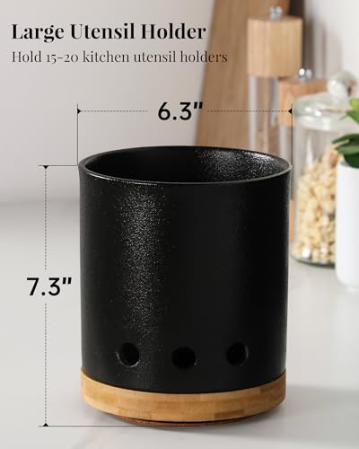 360° Rotating Ceramic Utensil Holder for Kitchen Countertop (Holed - Textured Black / 7.3 inch)