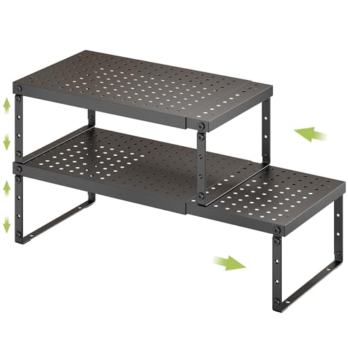 Expandable Cabinet Organizer Shelf With Adjustable Height (Black-2 Pack / 10.23"D*15.35-26.77"W x 7.5"H)
