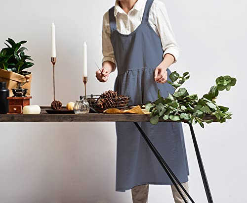 Japanese Cotton Cross Back Smock Apron for Women with Pockets Blue Grey (04 - Blue Grey Without Waist Ties)