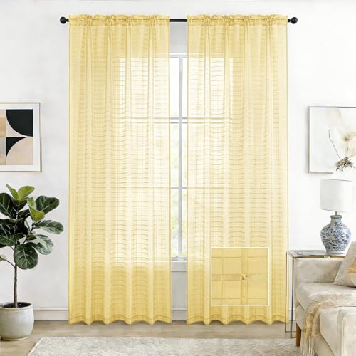 Check Sheer Curtains 108 Inches Long for Living Room (Check - Yellow / 52"W x 108"L (Pack of 2))